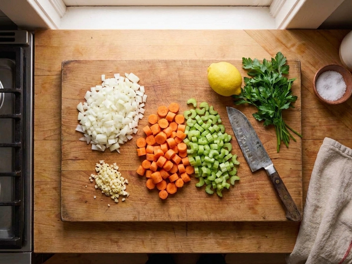 Chopped onion, carrots, celery, and minced garlic arranged on a cutting board beside a lemon and parsley