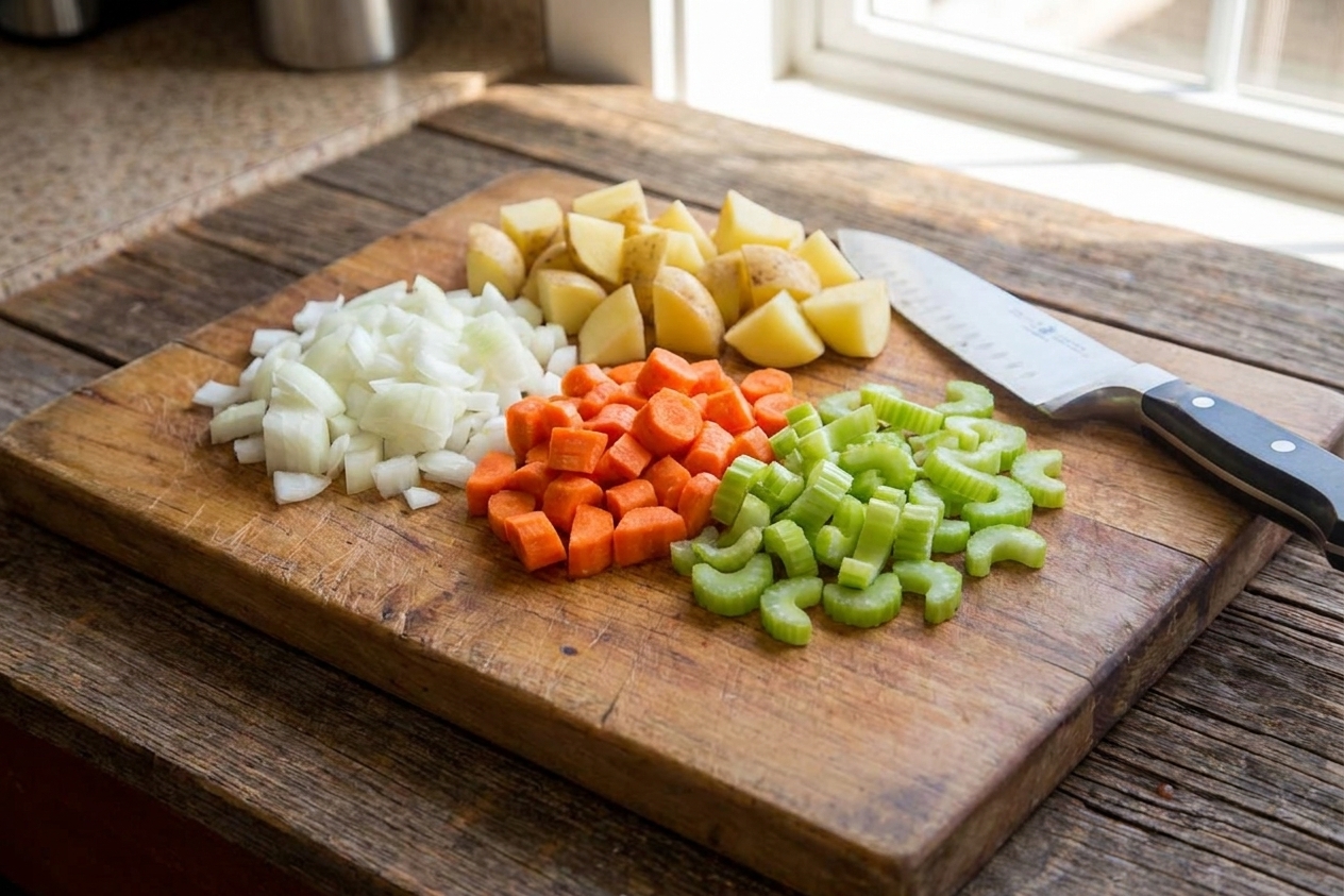 Chopped onion, carrots, celery, and potato chunks on a wooden cutting board with a chef’s knife beside them on a bright kitchen counter
