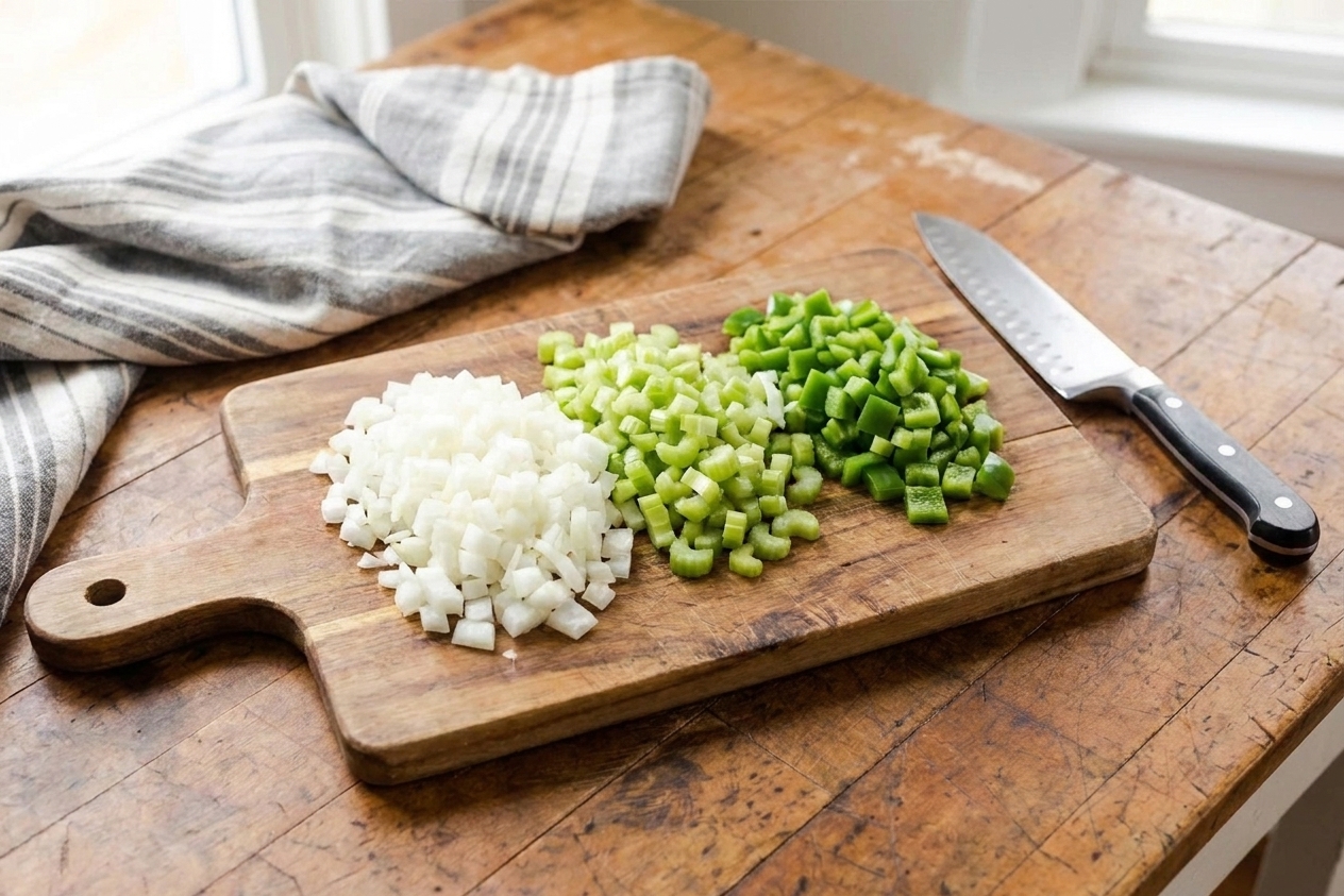 Chopped onion, celery, and green bell pepper arranged in small piles on a wooden cutting board on a bright kitchen counter