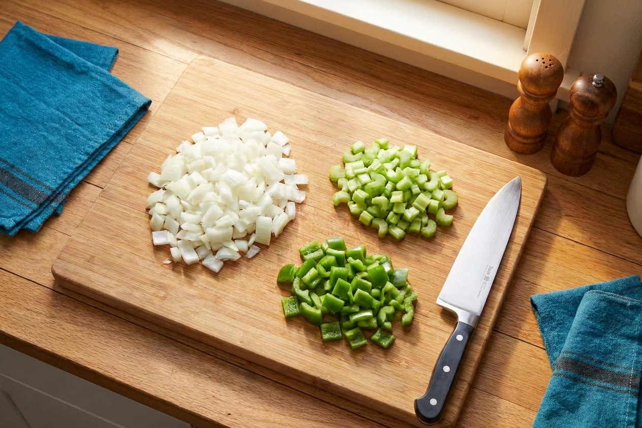 Chopped onion, celery, and green bell pepper arranged in small piles on a wooden cutting board on a kitchen counter