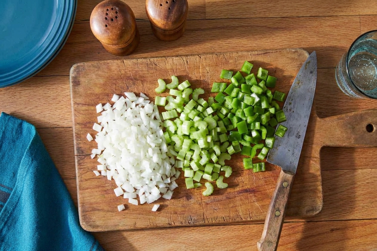 Chopped onion, celery, and green bell pepper in separate piles on a cutting board with a chef’s knife beside them