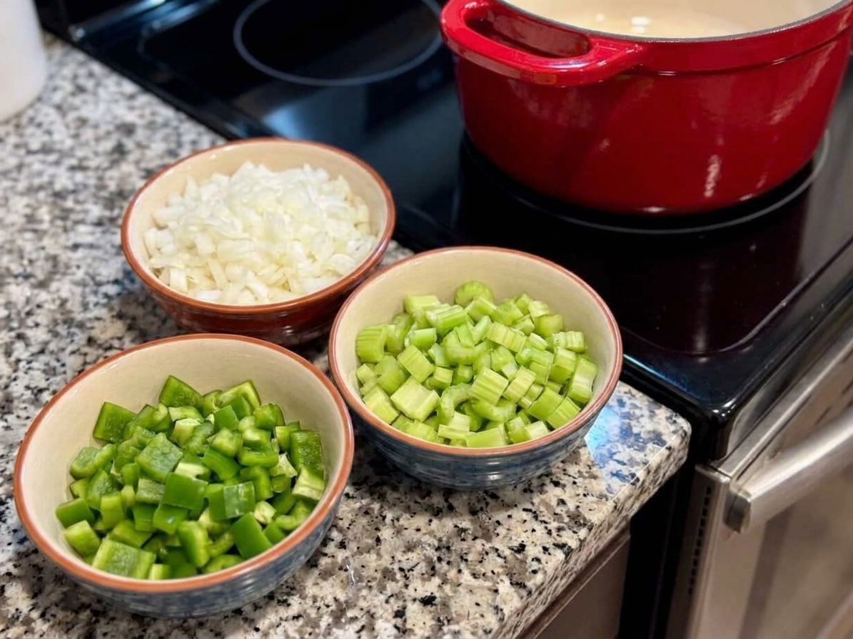 Chopped onion, celery, and green bell pepper in small bowls on a kitchen counter, prepped for gumbo under warm light
