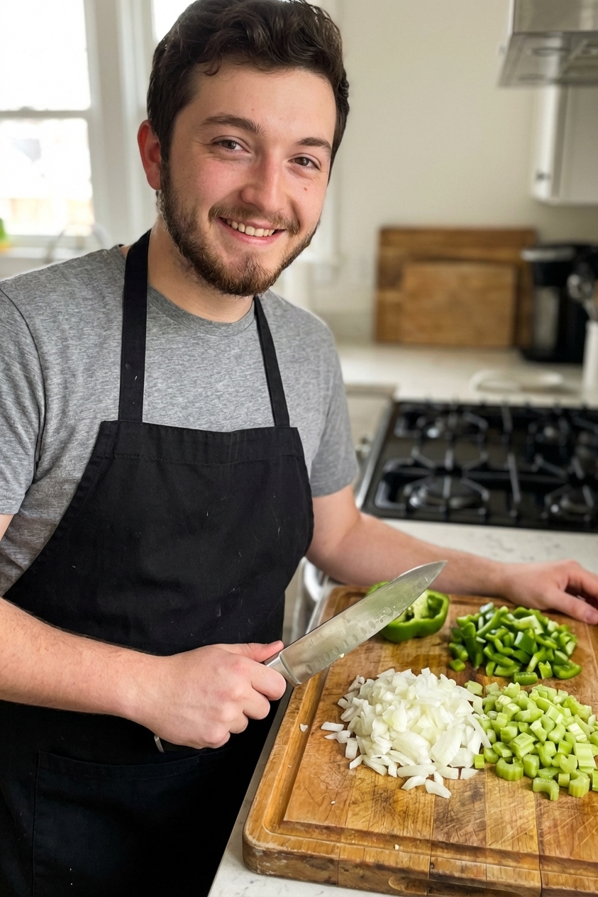 Chopped onion, celery, and green bell pepper on a wooden cutting board with a chef's knife, ready for cooking in a home kitchen
