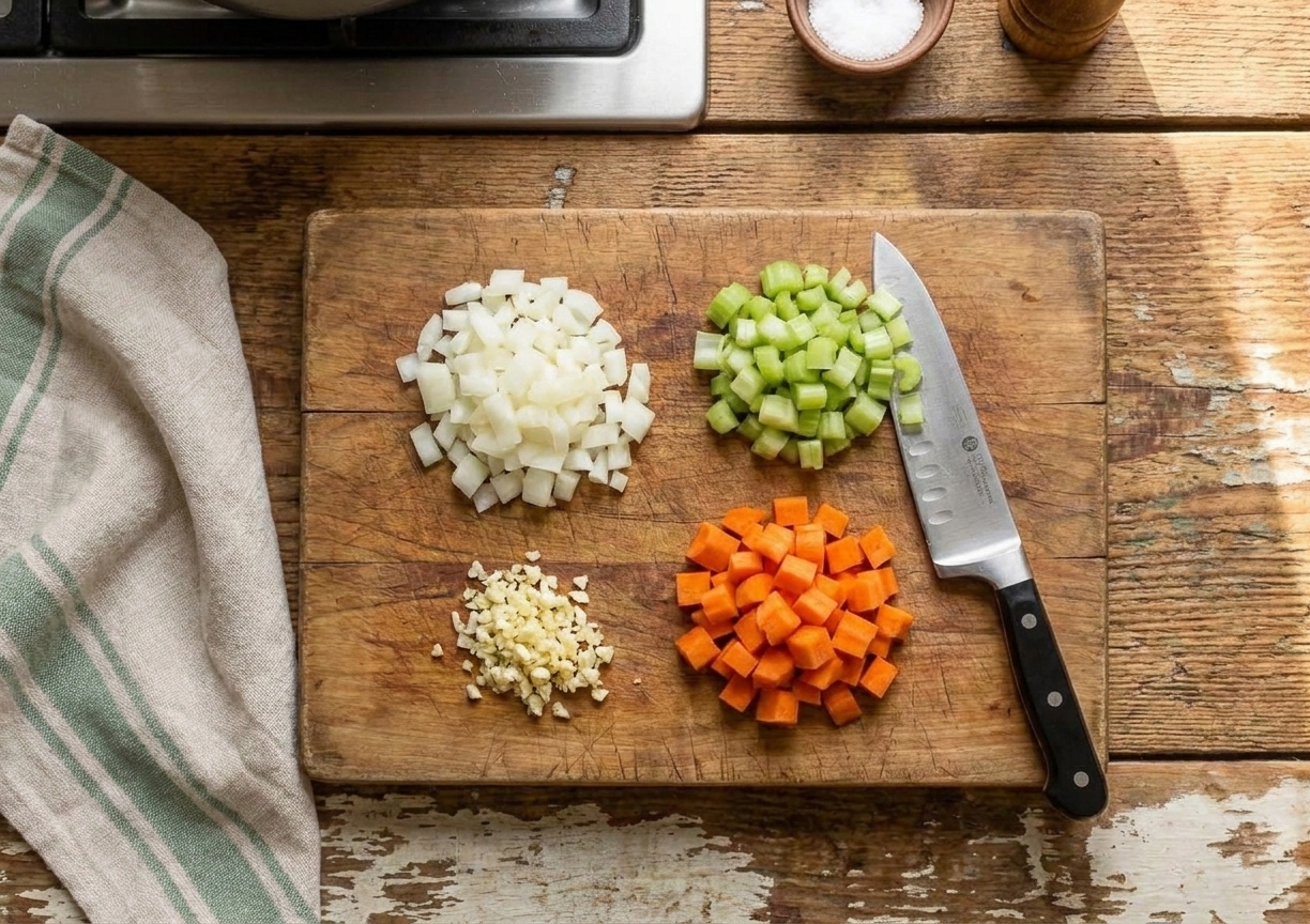 Chopped onion, celery, carrot, and minced garlic arranged in small piles on a wooden cutting board on a kitchen counter