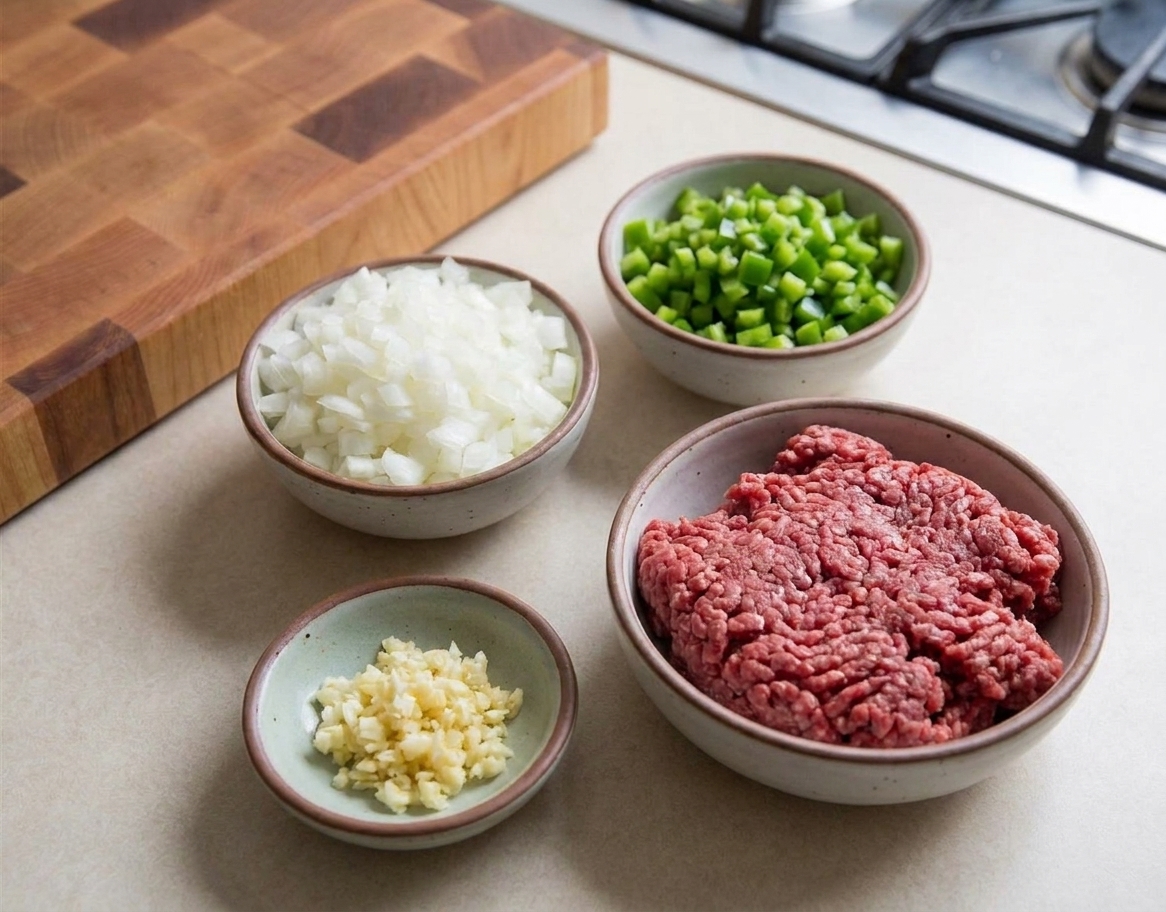 Chopped onion, chopped green bell pepper, minced garlic, and raw ground beef arranged in separate bowls on a kitchen counter