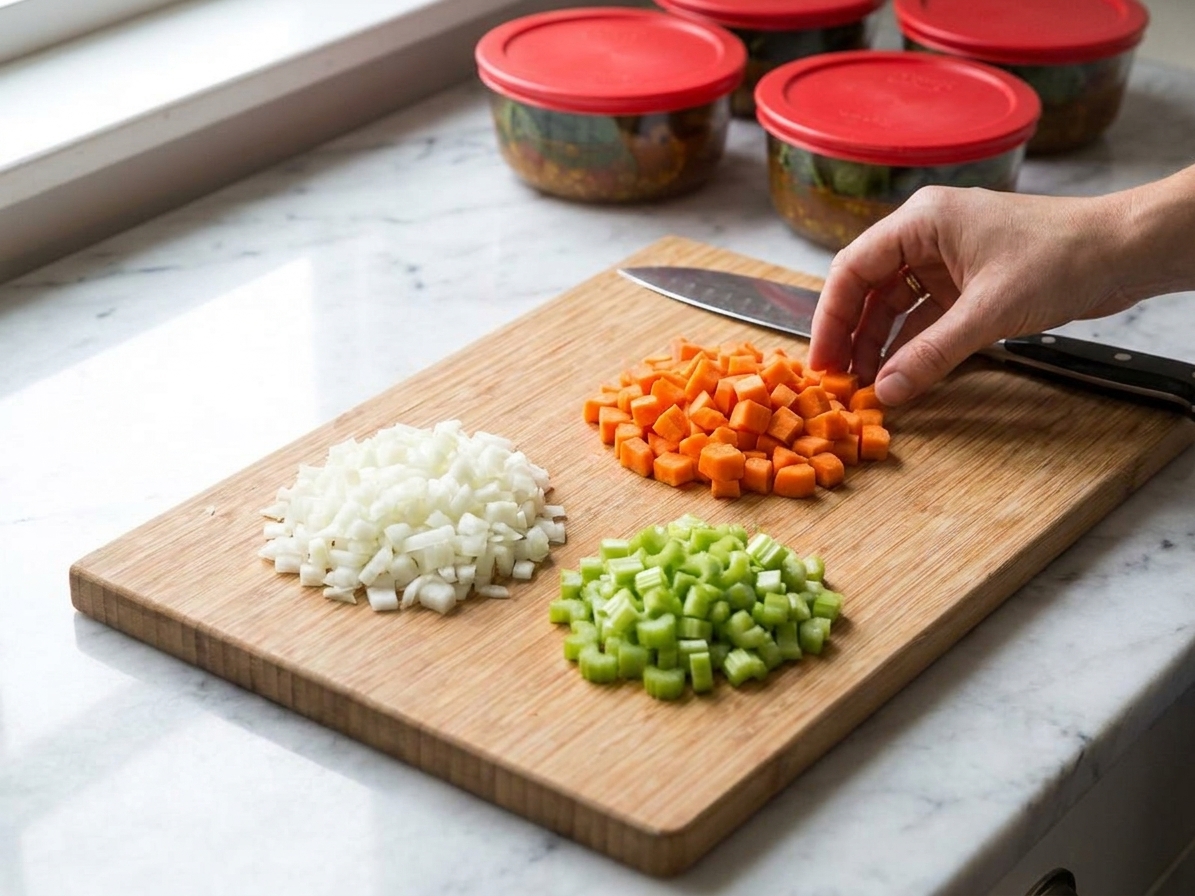 Chopped onion, diced carrots, and diced celery in separate small piles on a cutting board on a bright kitchen counter