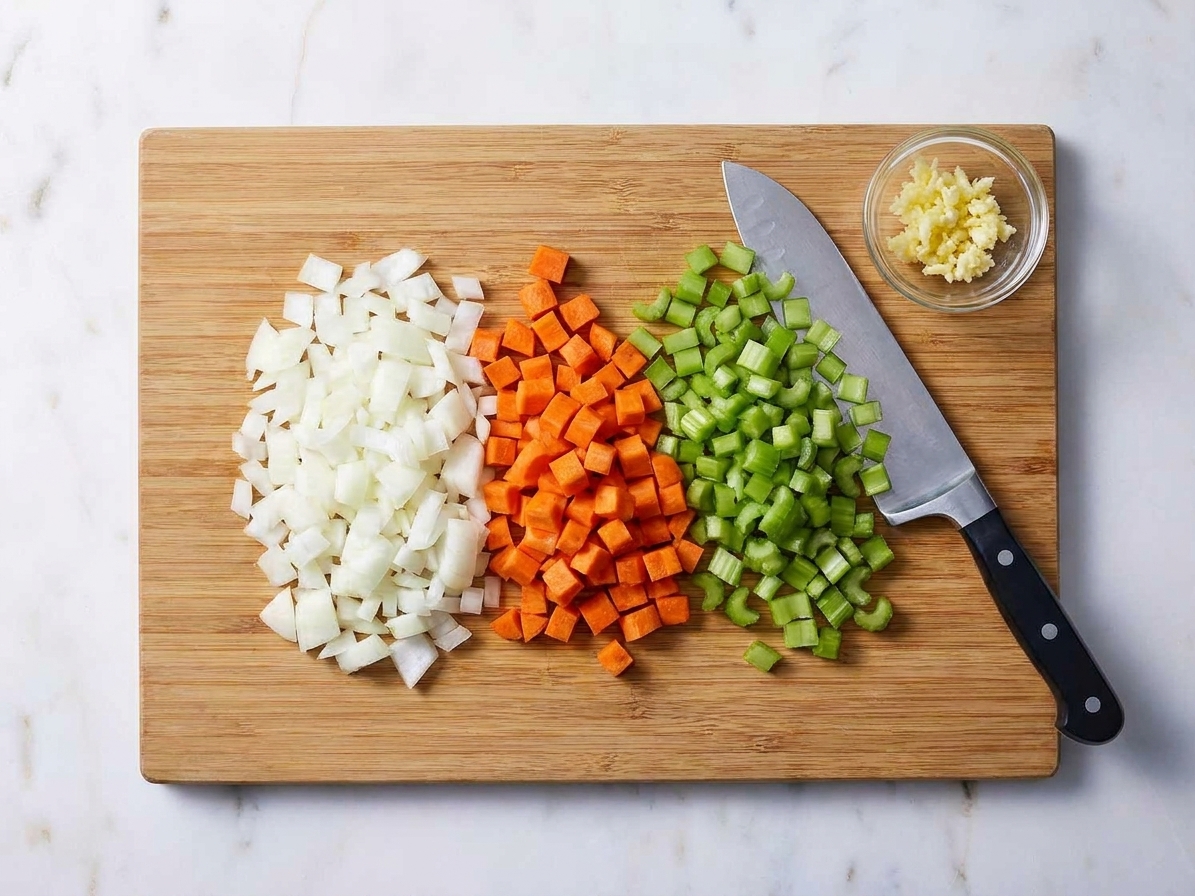Chopped onion, diced carrots, and diced celery on a wooden cutting board next to minced garlic in a home kitchen
