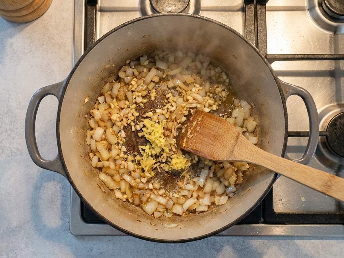 Chopped onion, garlic, and ginger sautéing in a pot with glossy oil, close-up on the stovetop
