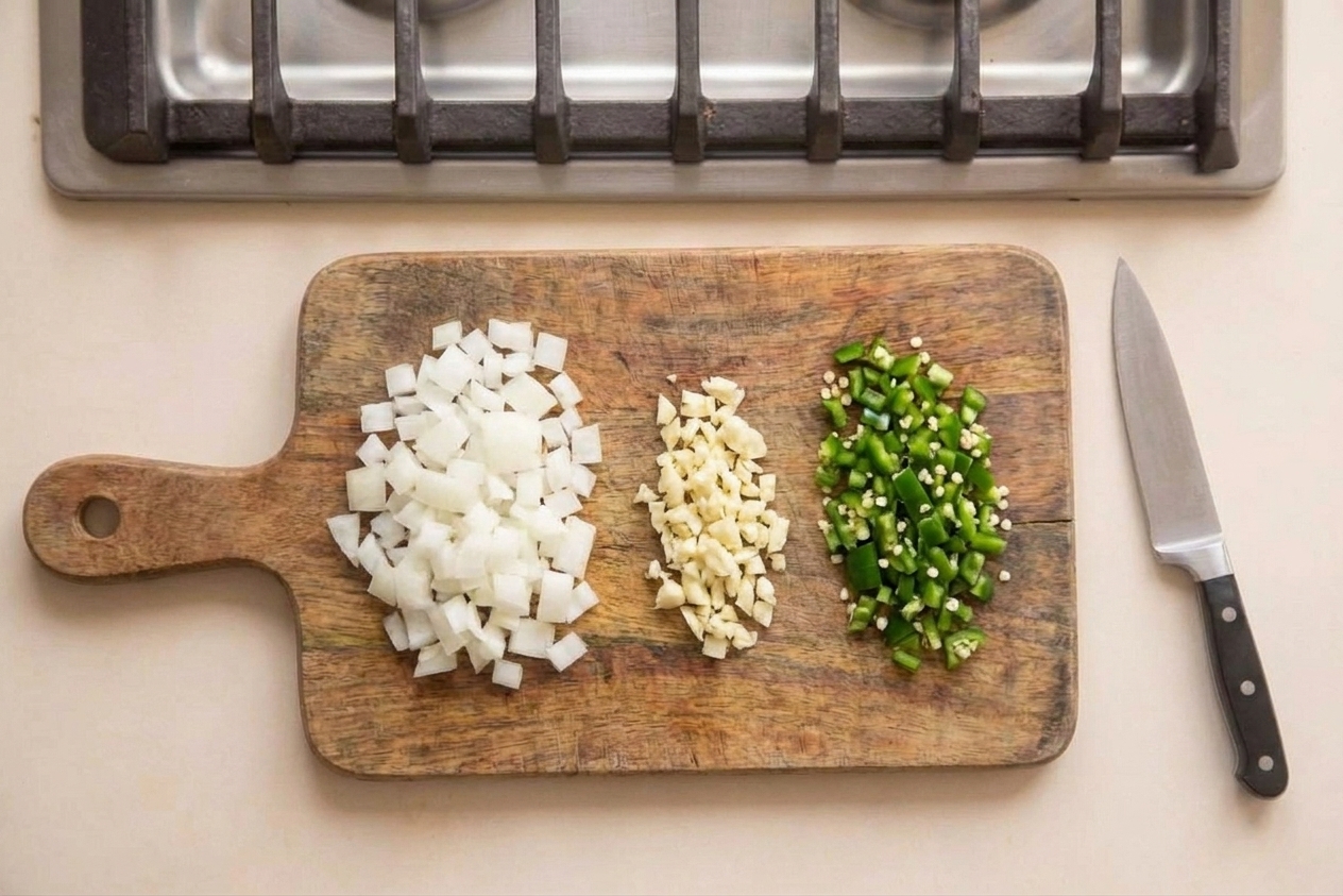 Chopped onion, garlic, and jalapeño on a cutting board beside a chef's knife on a kitchen counter