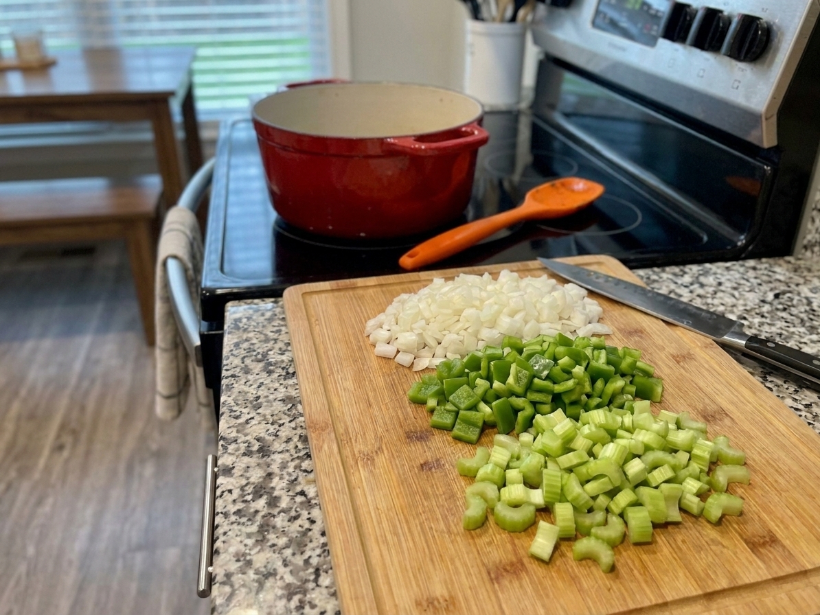 Chopped onion, green bell pepper, and celery in separate piles on a cutting board, ready for gumbo