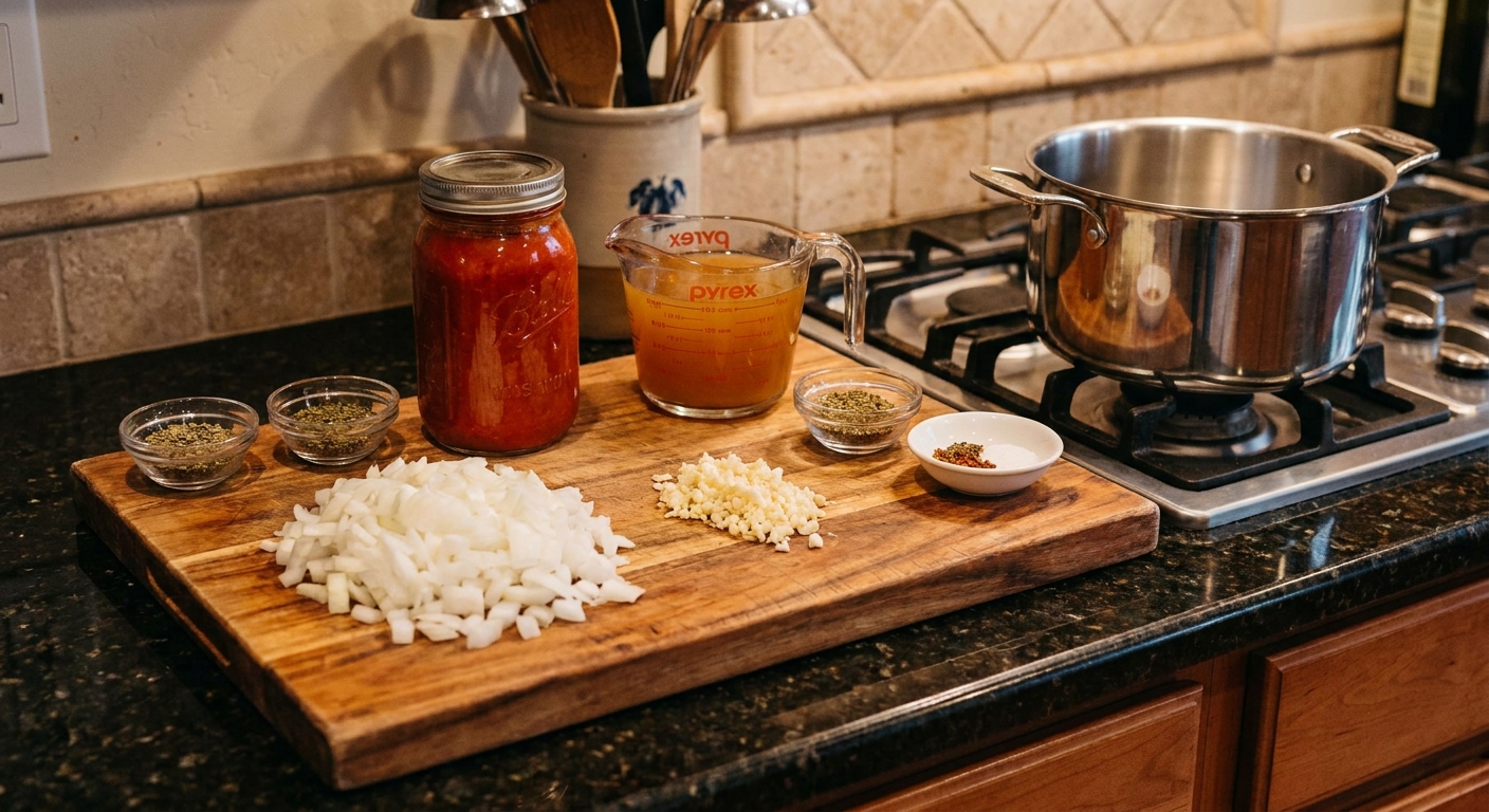 Chopped onion, minced garlic, a jar of marinara sauce, broth, and seasonings measured on a cutting board next to a pot on a kitchen counter