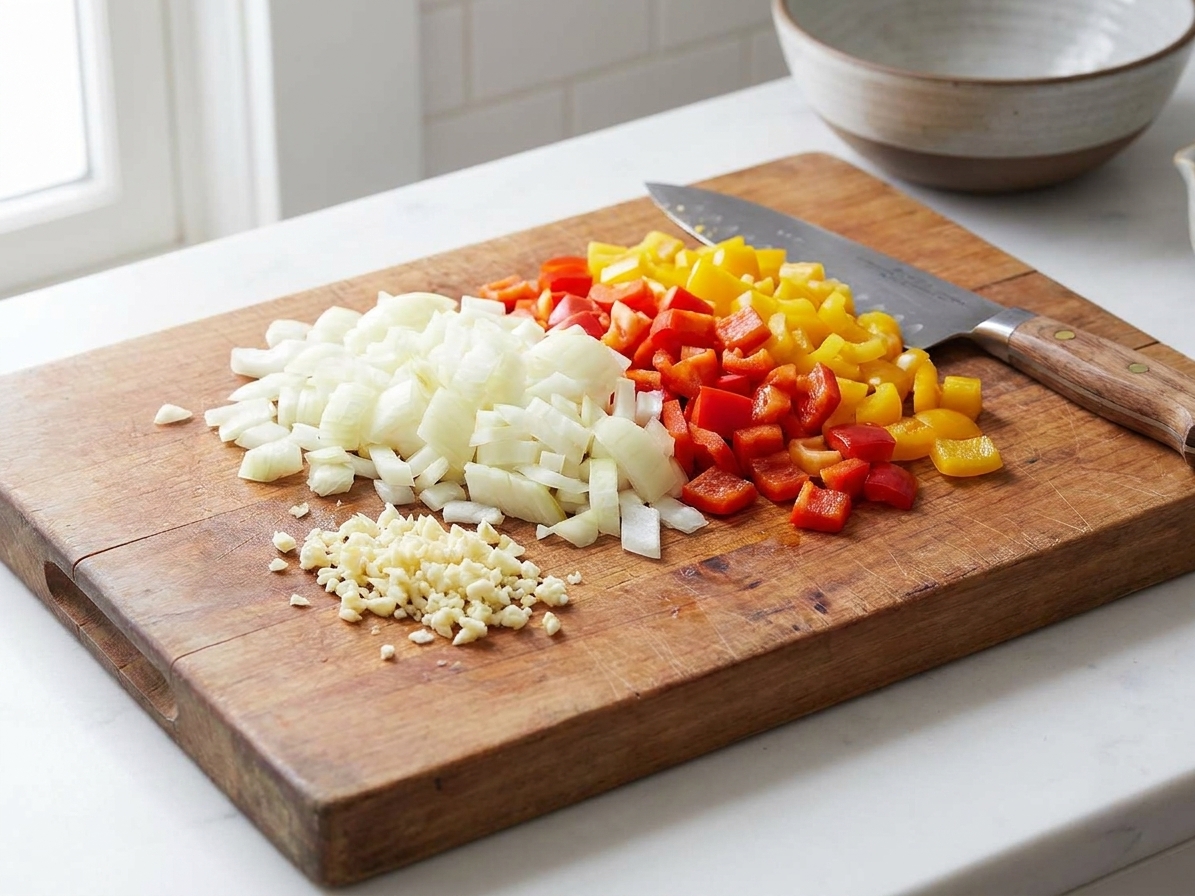 Chopped onion, minced garlic, and diced bell pepper on a cutting board next to a chef’s knife