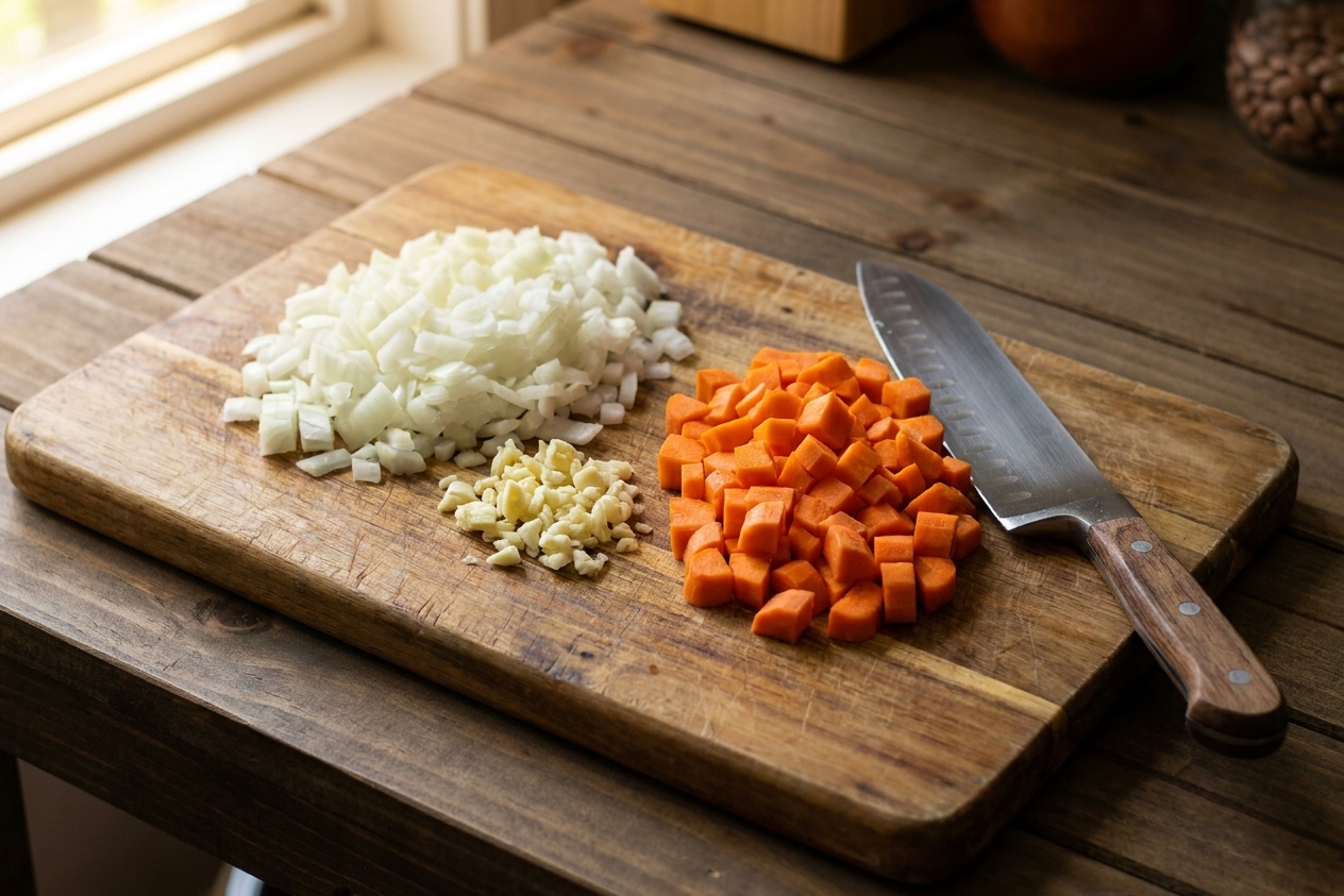 Chopped onion, minced garlic, and diced carrots on a cutting board beside a chef’s knife on a bright kitchen counter