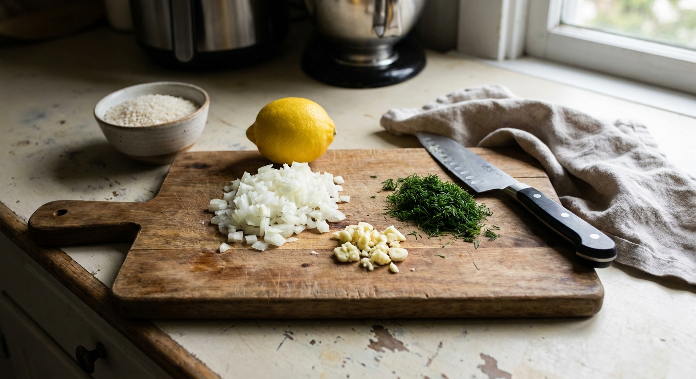 Chopped onion, minced garlic, and fresh dill on a cutting board next to a lemon and a small bowl of rice