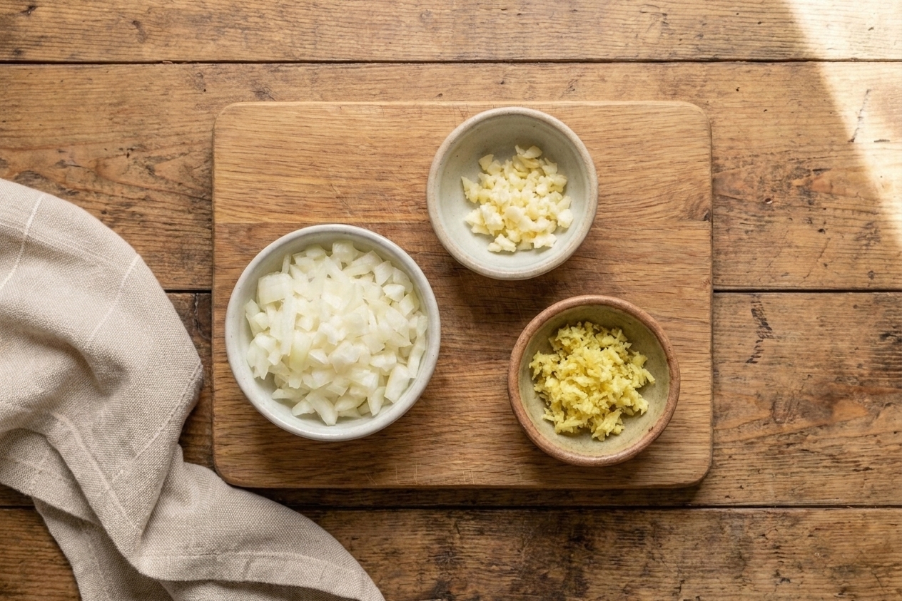 Chopped onion, minced garlic, and freshly grated ginger prepped in small bowls on a wooden cutting board on a kitchen counter