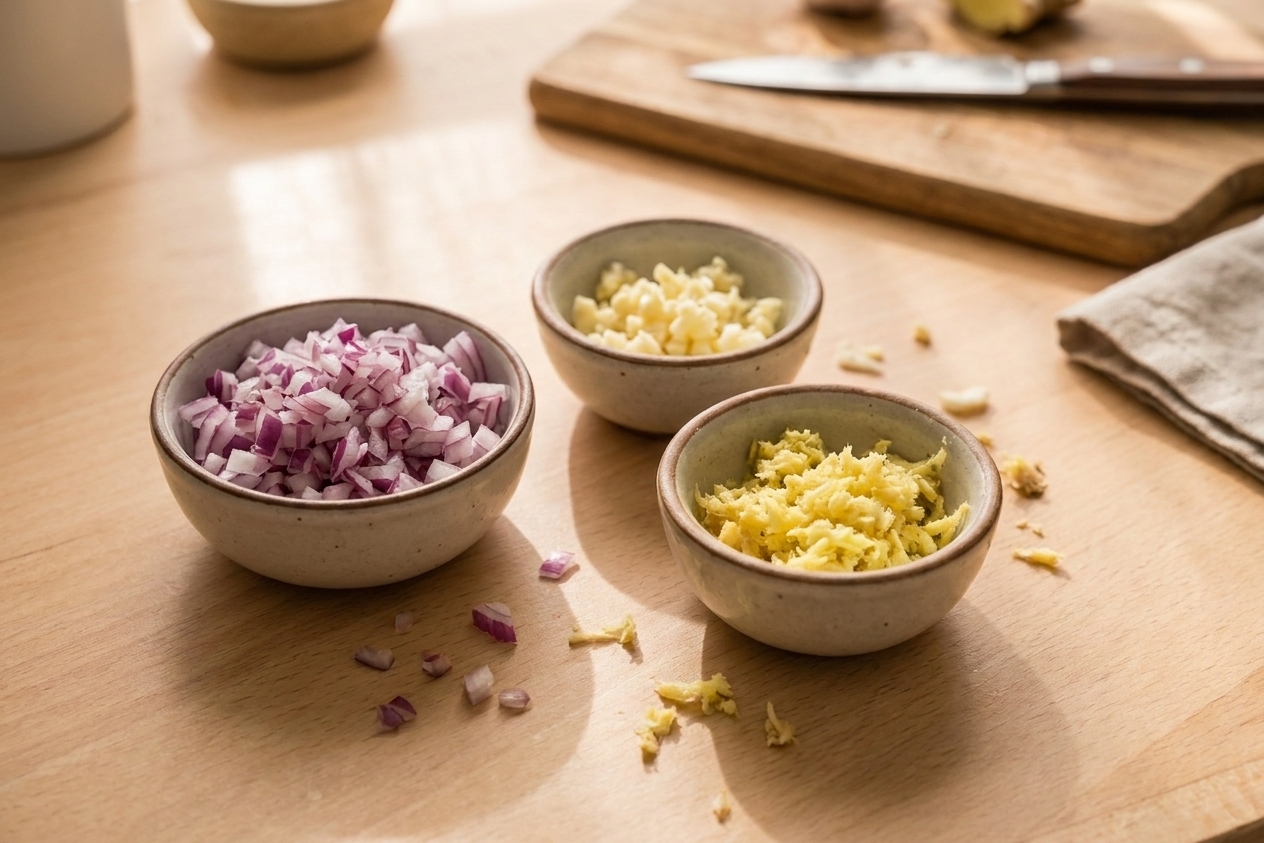 Chopped onion, minced garlic, and grated ginger in small bowls on a kitchen counter ready for cooking