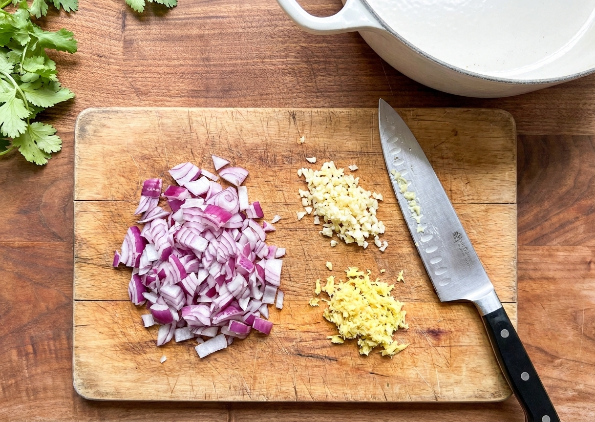 Chopped onion, minced garlic, and grated ginger on a wooden cutting board beside a chef’s knife on a bright kitchen counter