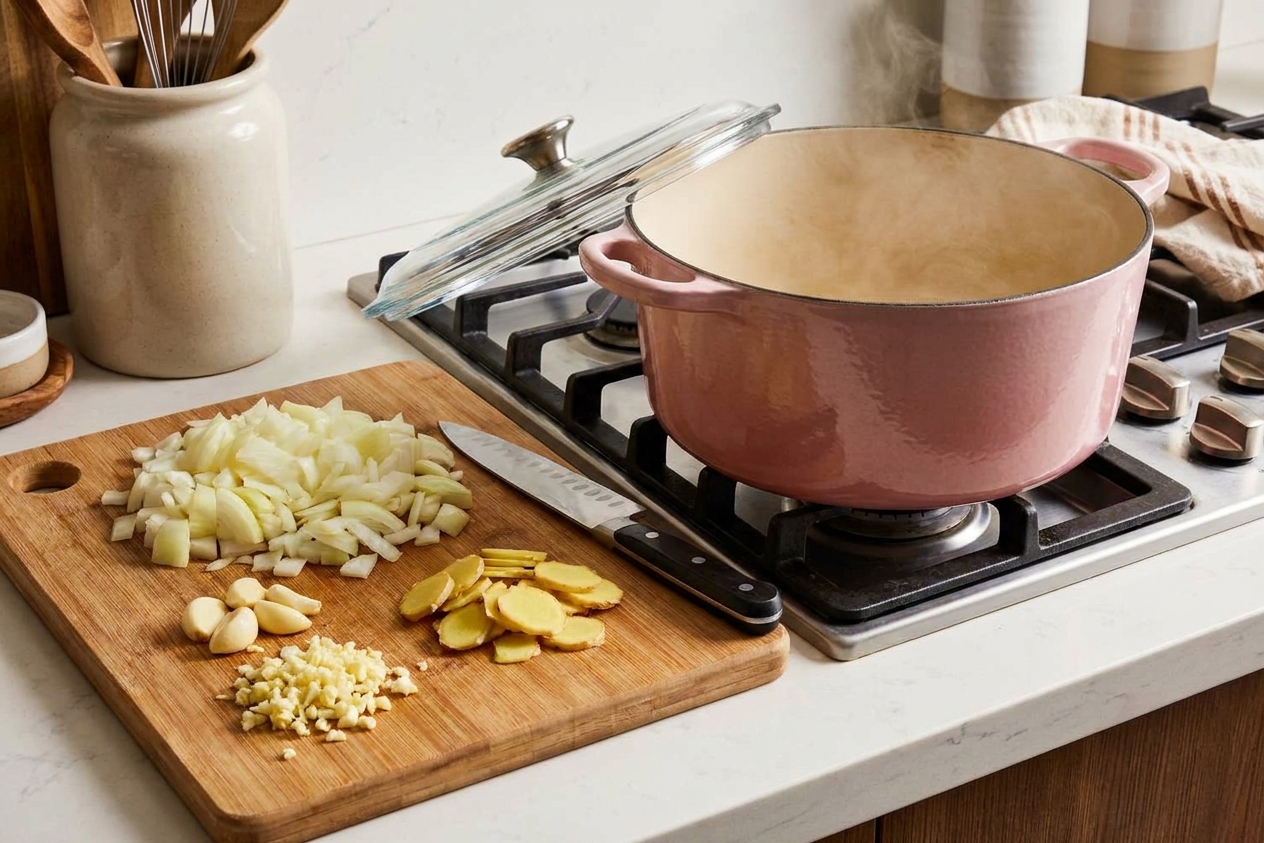 Chopped onion, minced garlic, and thinly sliced ginger arranged on a cutting board beside a pot on the stovetop