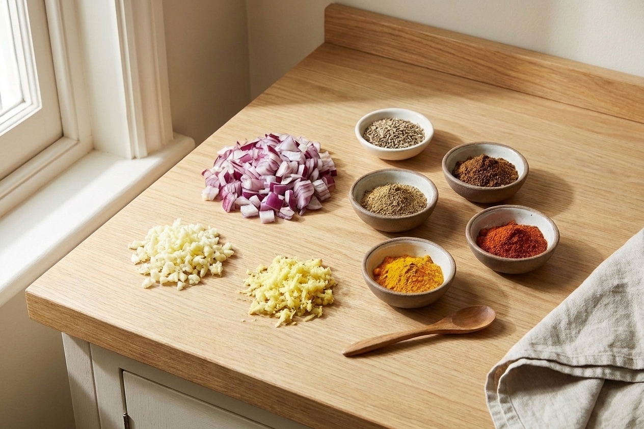 Chopped onion, minced garlic, grated ginger, and small bowls of cumin seeds, garam masala, turmeric, and chili powder laid out on a kitchen counter