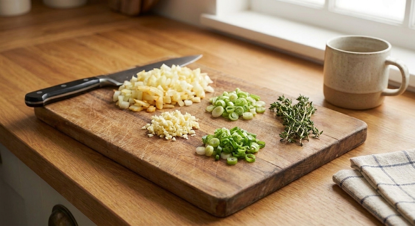 Chopped onion, minced garlic, sliced scallions, and fresh thyme arranged in small piles on a cutting board
