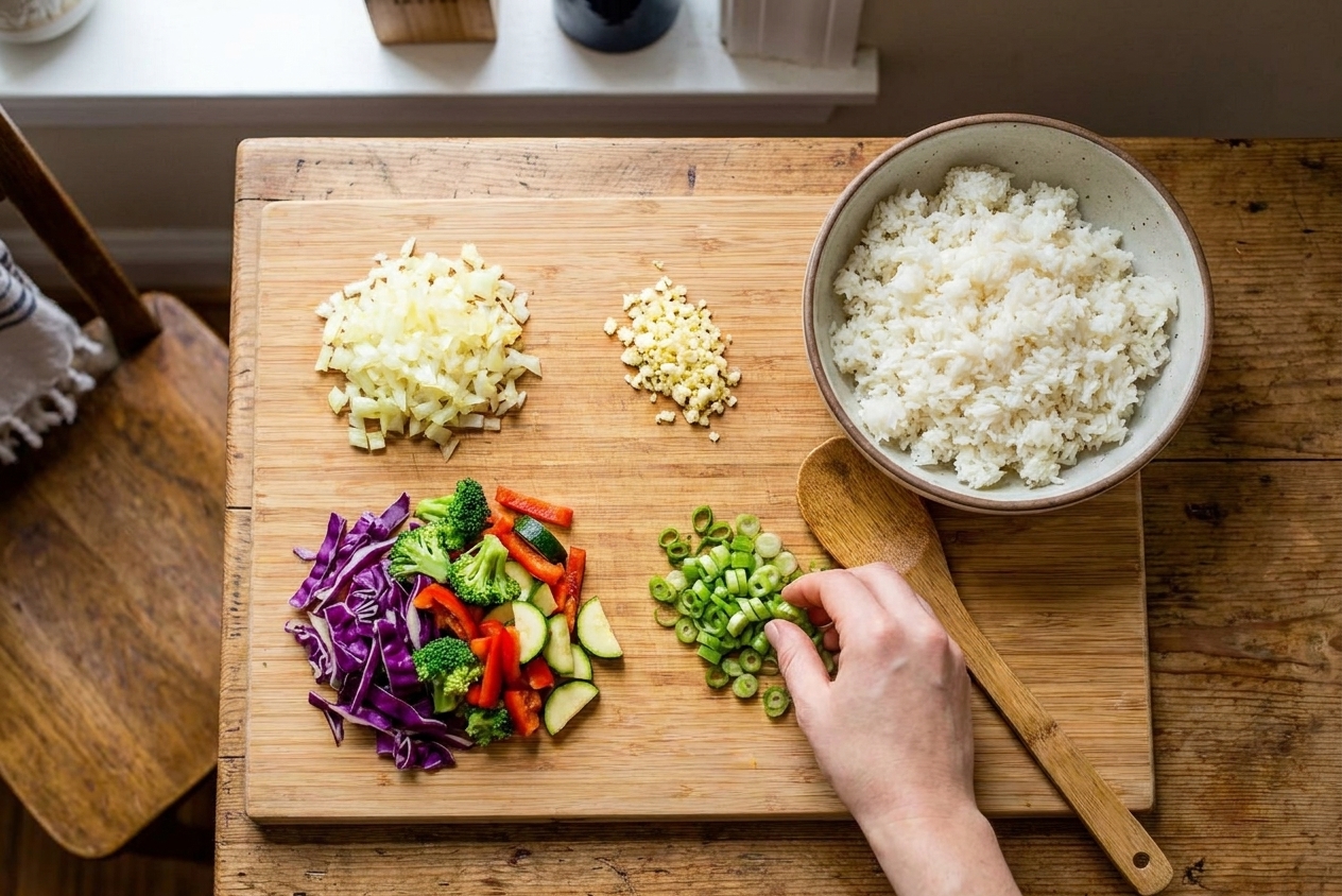 Chopped onion, minced garlic, sliced scallions, and mixed stir-fry vegetables prepped on a cutting board beside a bowl of cold cooked rice
