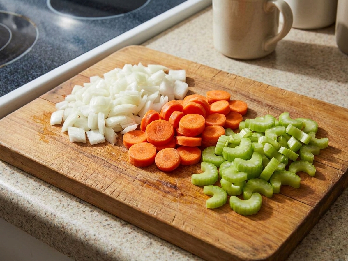 Chopped onion, sliced carrots, and sliced celery in small piles on a wooden cutting board on a kitchen counter