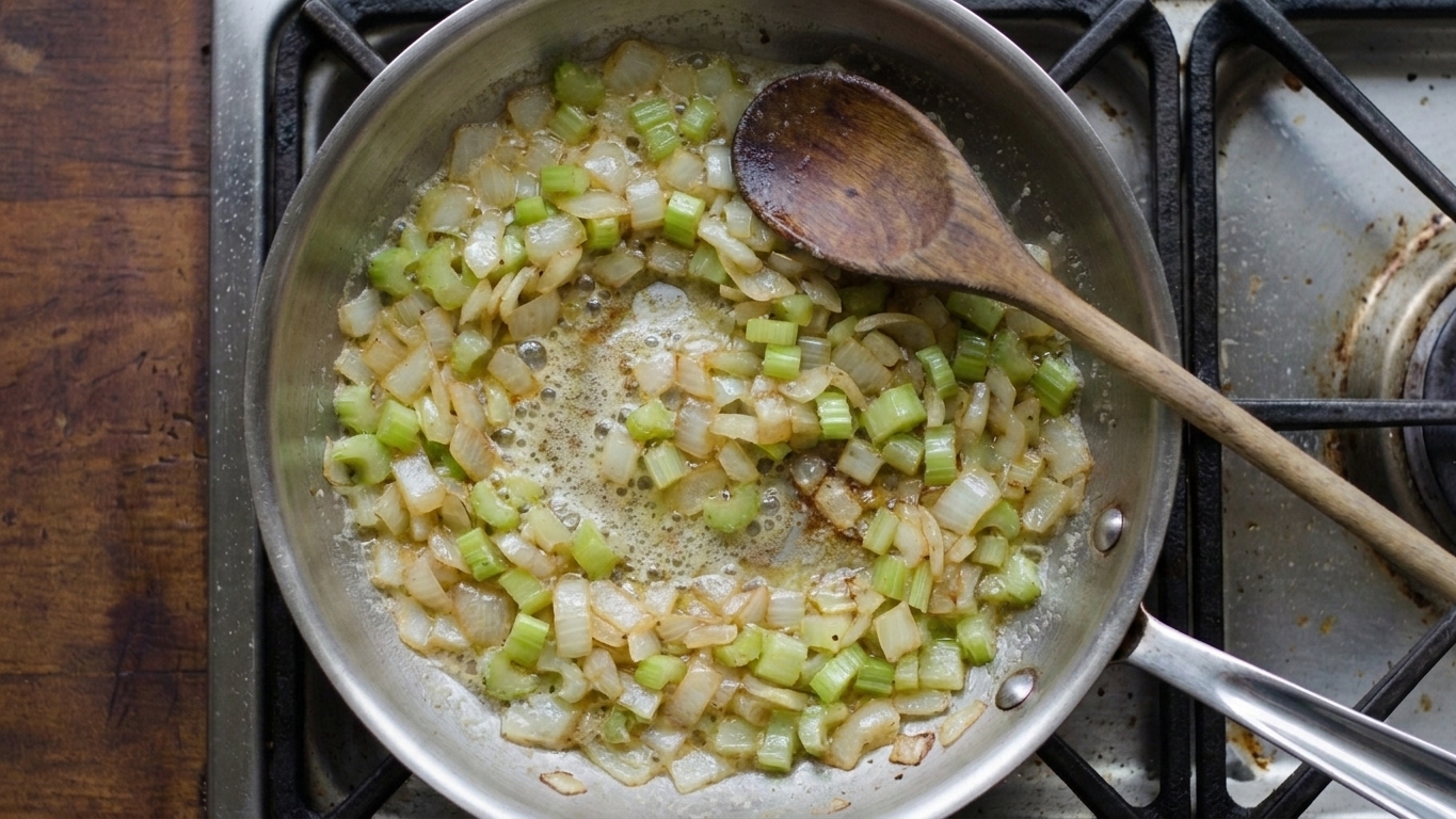 Chopped onions and celery sautéing in a skillet with butter, soft and glossy, on a stovetop