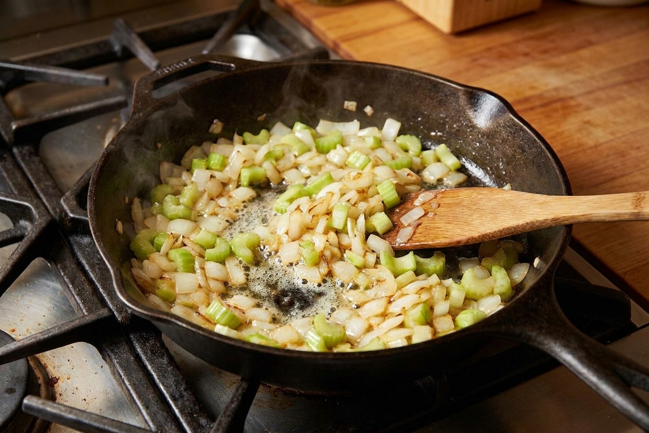 Chopped onions and celery sautéing in butter in a skillet on a stovetop, softened and glossy