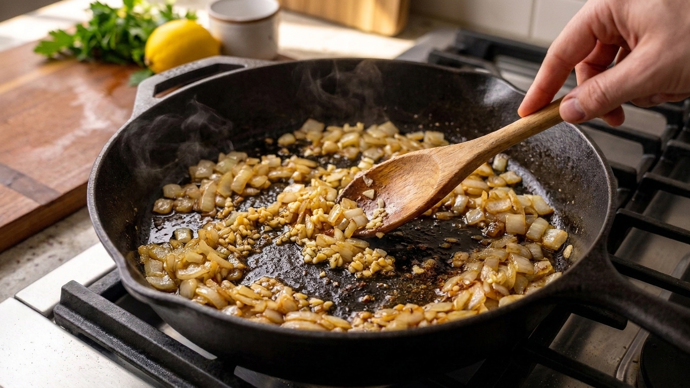 Chopped onions and minced garlic being sauteed in a skillet with a wooden spoon, with browned bits from the chicken loosening into the fat