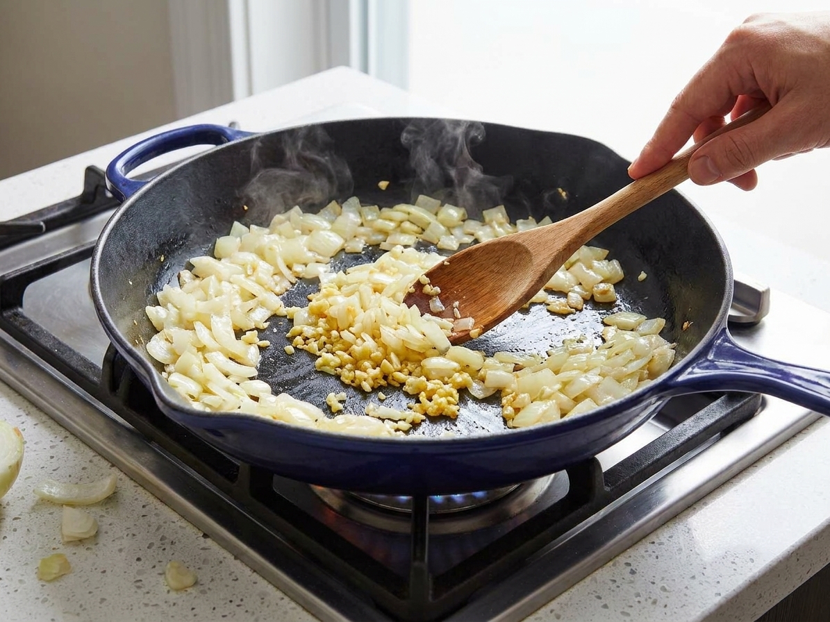 Chopped onions and minced garlic cooking in a skillet on a stovetop with a wooden spoon stirring