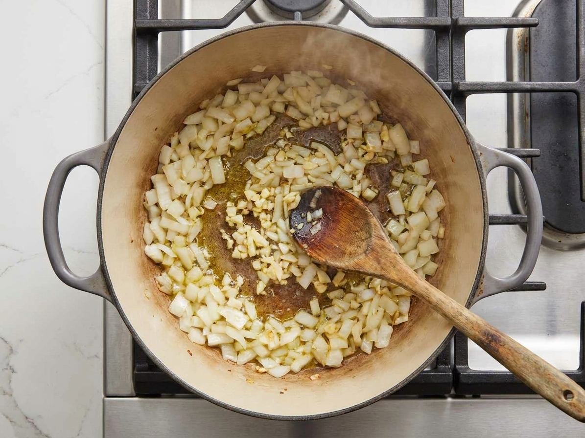 Chopped onions and minced garlic sautéing in a heavy pot on a stovetop with a wooden spoon stirring