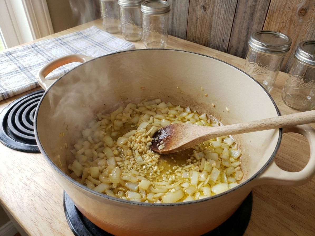 Chopped onions and minced garlic sautéing in a large Dutch oven on a stovetop with gentle steam rising
