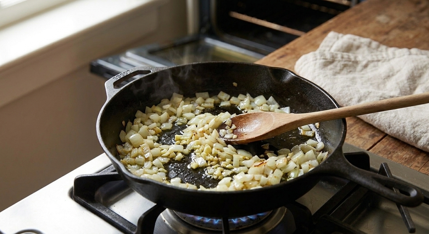 Chopped onions and minced garlic sautéing in a skillet on a stovetop, turning glossy and soft