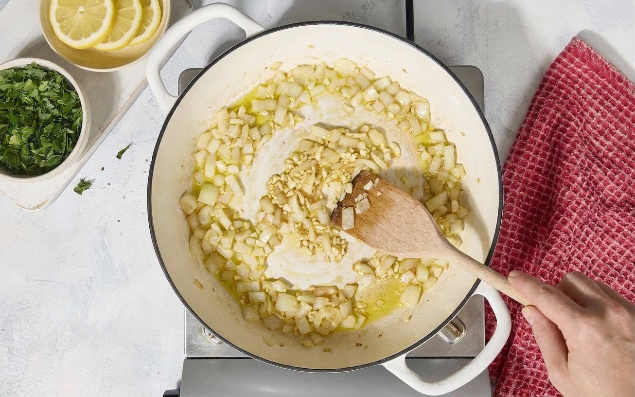 Chopped onions and minced garlic sautéing in a skillet with a wooden spatula