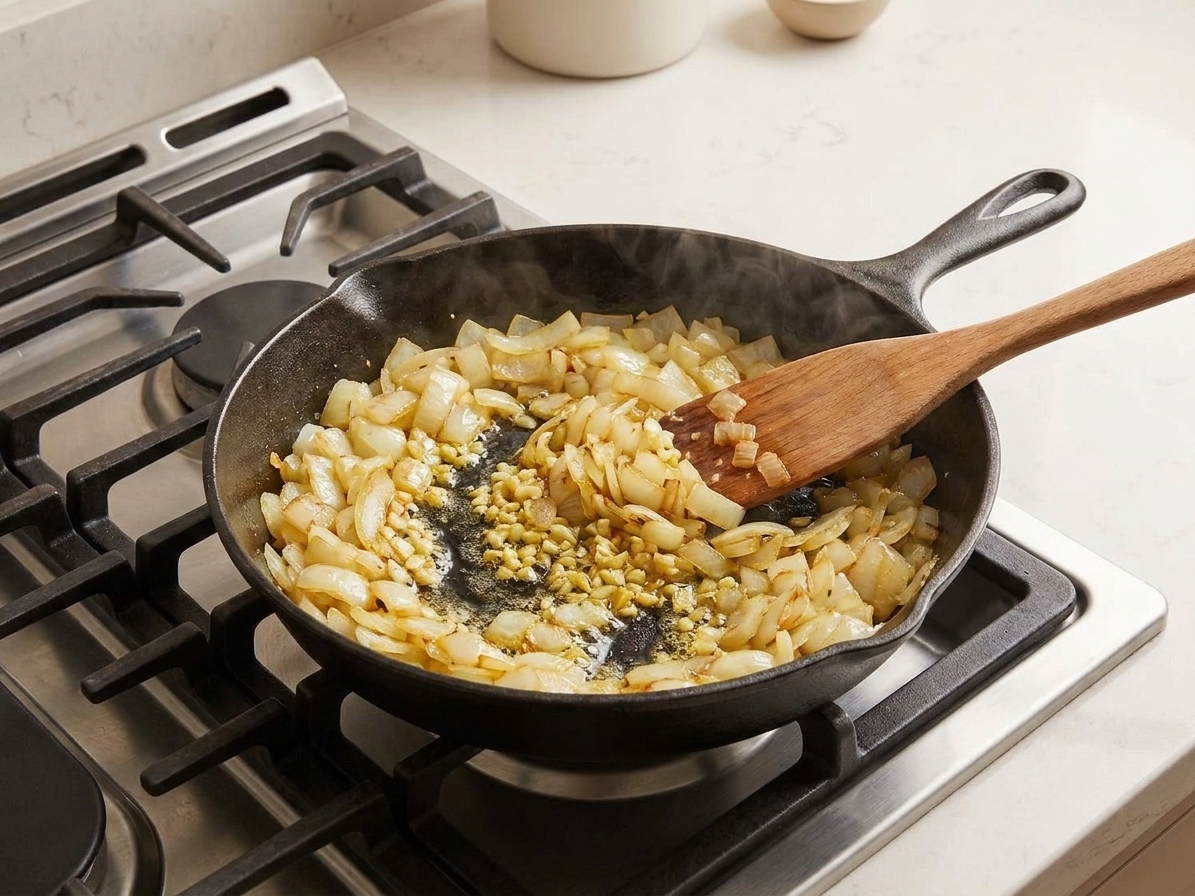 Chopped onions and minced garlic sautéing in a skillet on a stovetop until glossy and fragrant