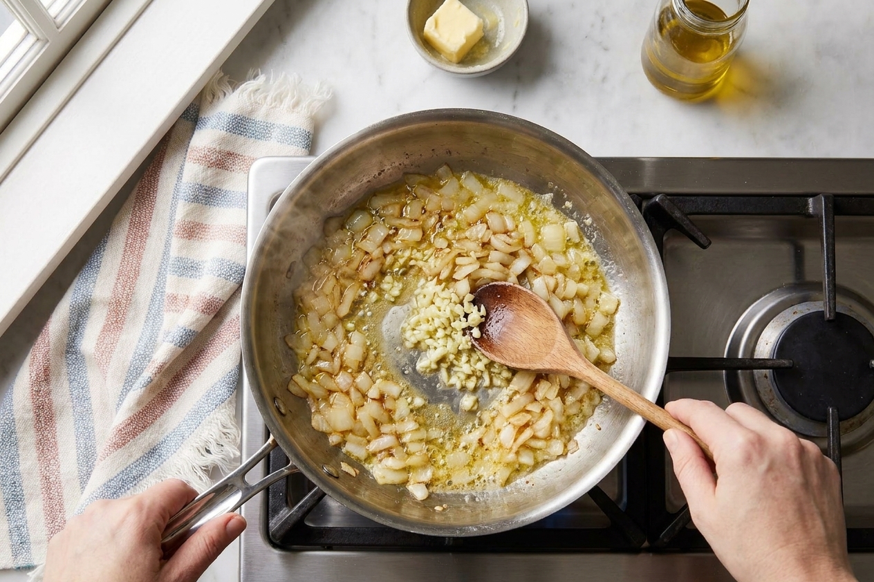 Chopped onions and minced garlic sautéing in melted butter in a stainless steel saucepan on a stovetop