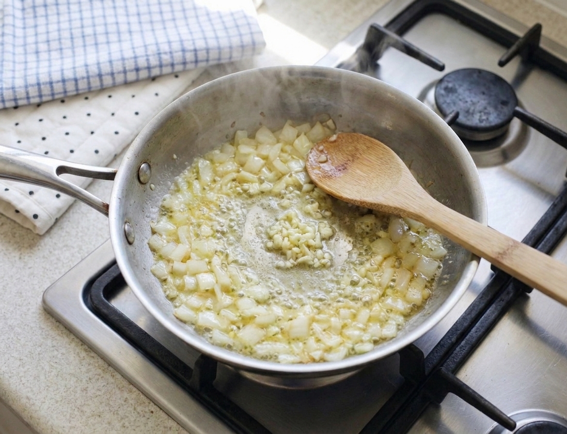 Chopped onions and minced garlic sautéing in melted butter in a skillet on a home stove