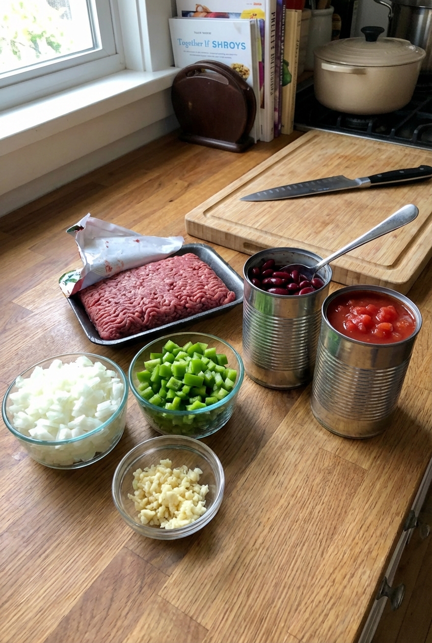 Chopped onions, bell peppers, garlic, ground beef, and open cans of beans and tomatoes arranged on a kitchen counter