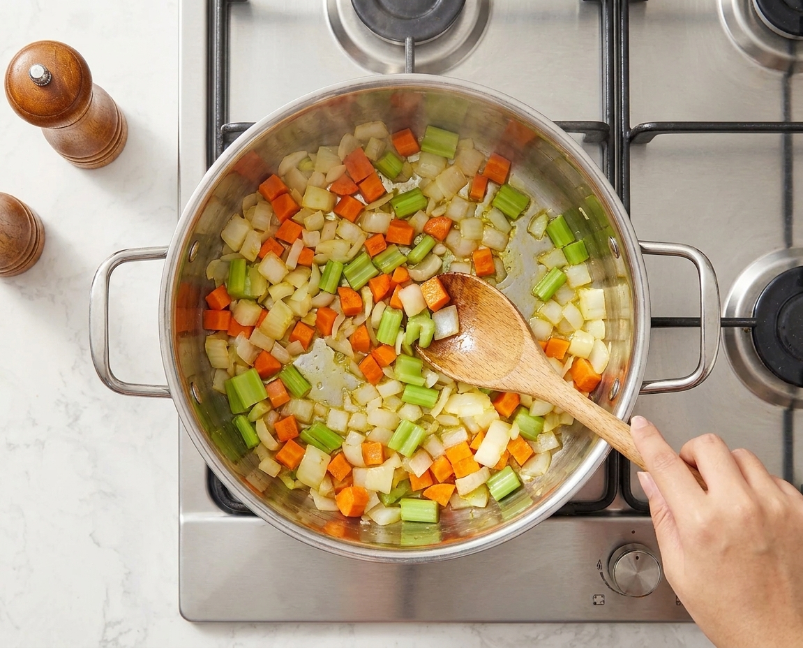 Chopped onions, carrots, and celery being sautéed in a large stainless steel pot on a home stove while being stirred with a wooden spoon