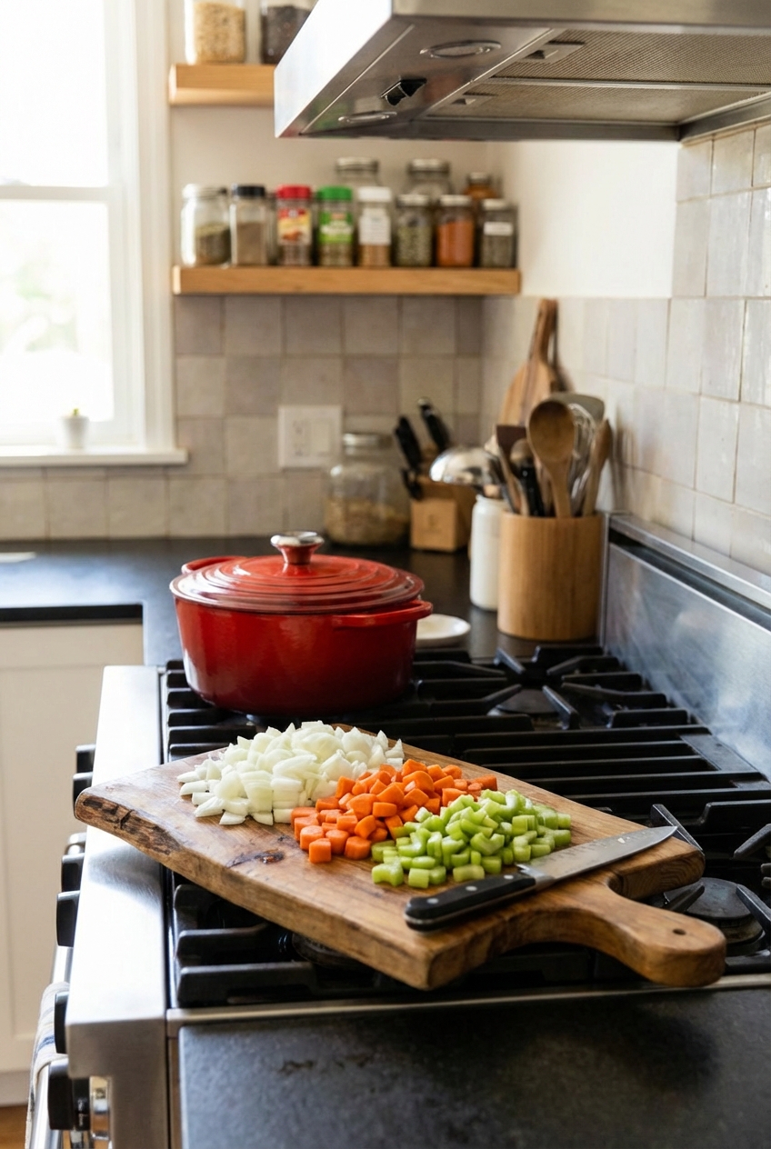 Chopped onions, carrots, and celery on a cutting board next to a Dutch oven on a stovetop