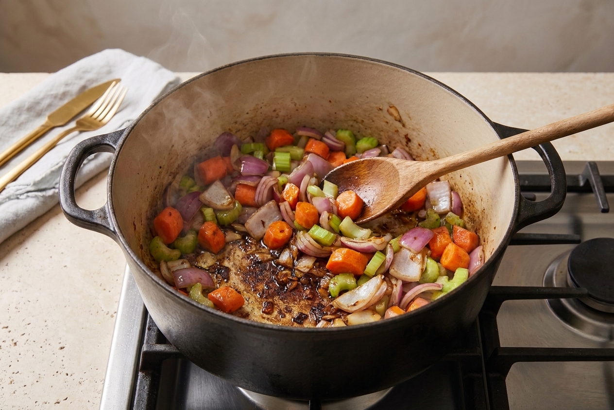 Chopped onions, carrots, and celery sautéing in a Dutch oven with browned bits on the bottom