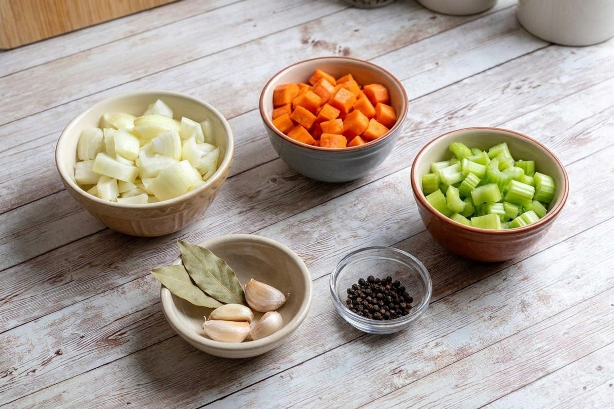 Chopped onions, carrots, and celery with bay leaves, garlic, and peppercorns arranged in small bowls on a clean kitchen counter
