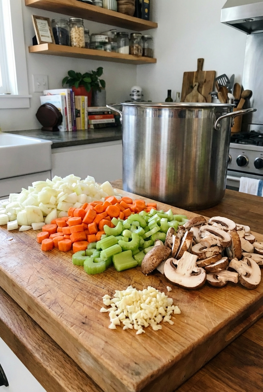 Chopped onions, carrots, celery, mushrooms, and garlic arranged on a cutting board next to a pot