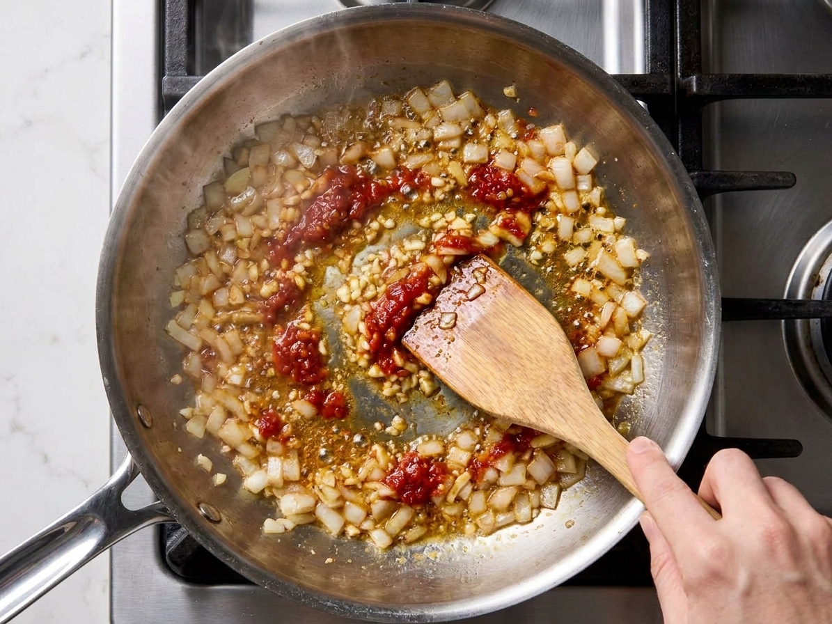 Chopped onions, minced garlic, and sambal sizzling in a hot skillet with a wooden spatula stirring