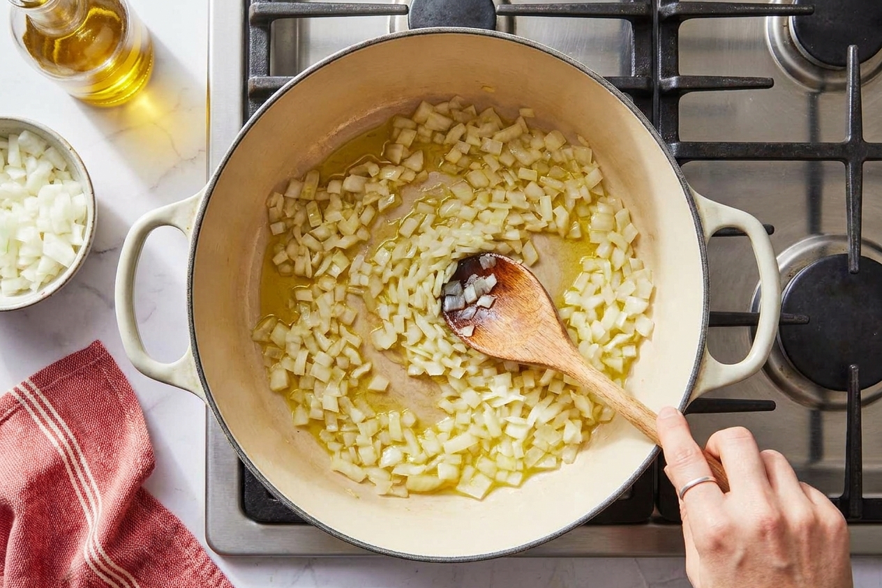 Chopped onions sautéing in olive oil in a wide saucepan on a stovetop as a wooden spoon stirs
