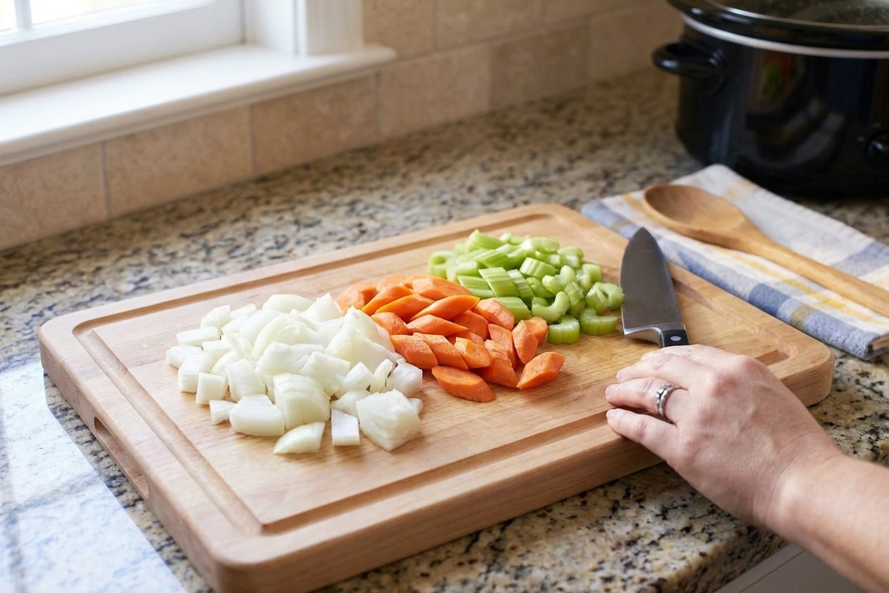 Chopped onions, sliced carrots, and sliced celery on a cutting board with a chef’s knife