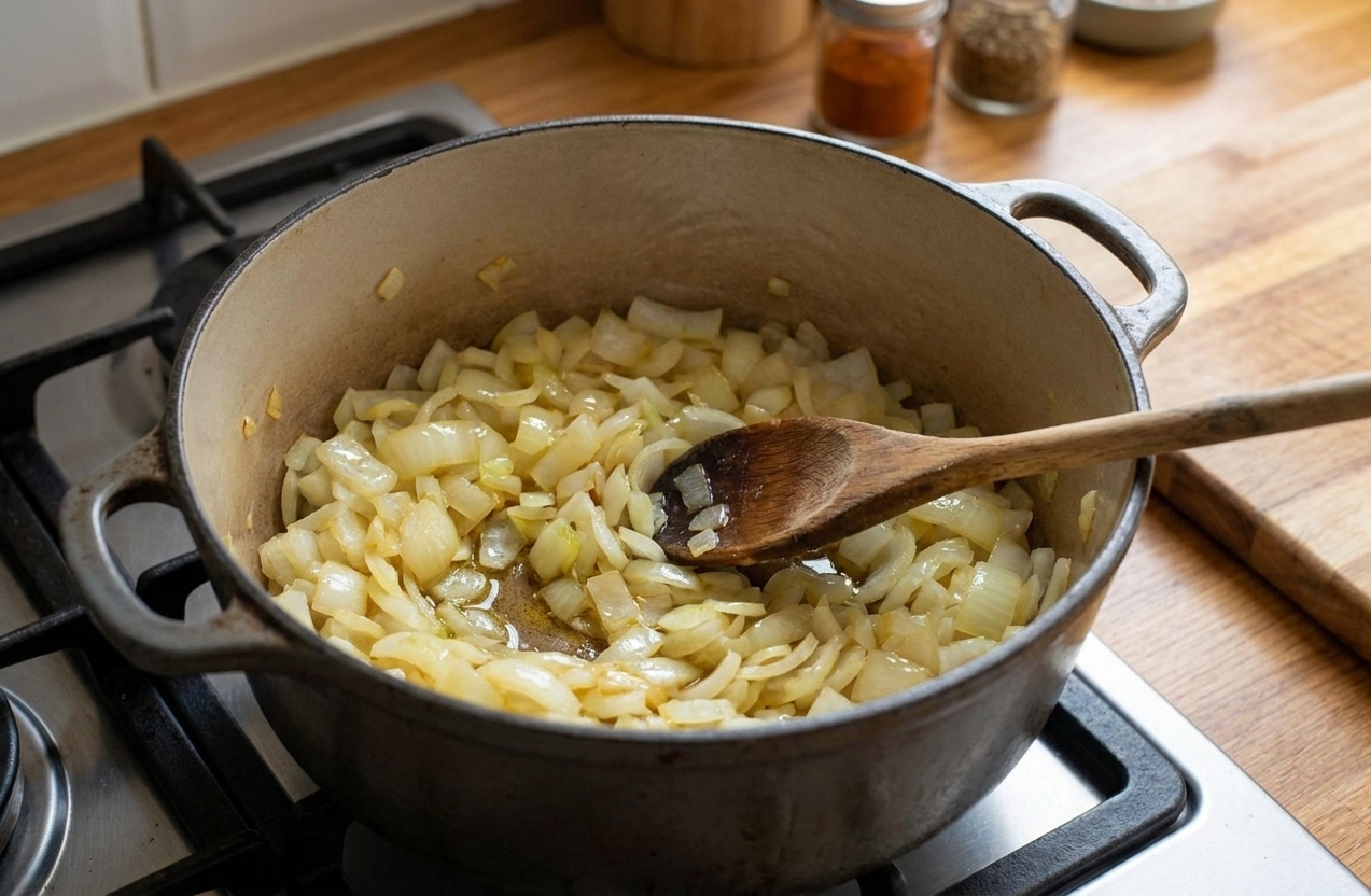 Chopped onions softening in a heavy pot on a stovetop with a wooden spoon resting inside