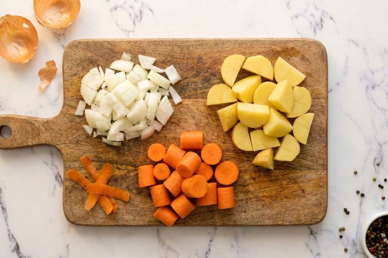 Chopped onions, thick-sliced carrots, and chunky-cut potatoes arranged in separate piles on a wooden cutting board