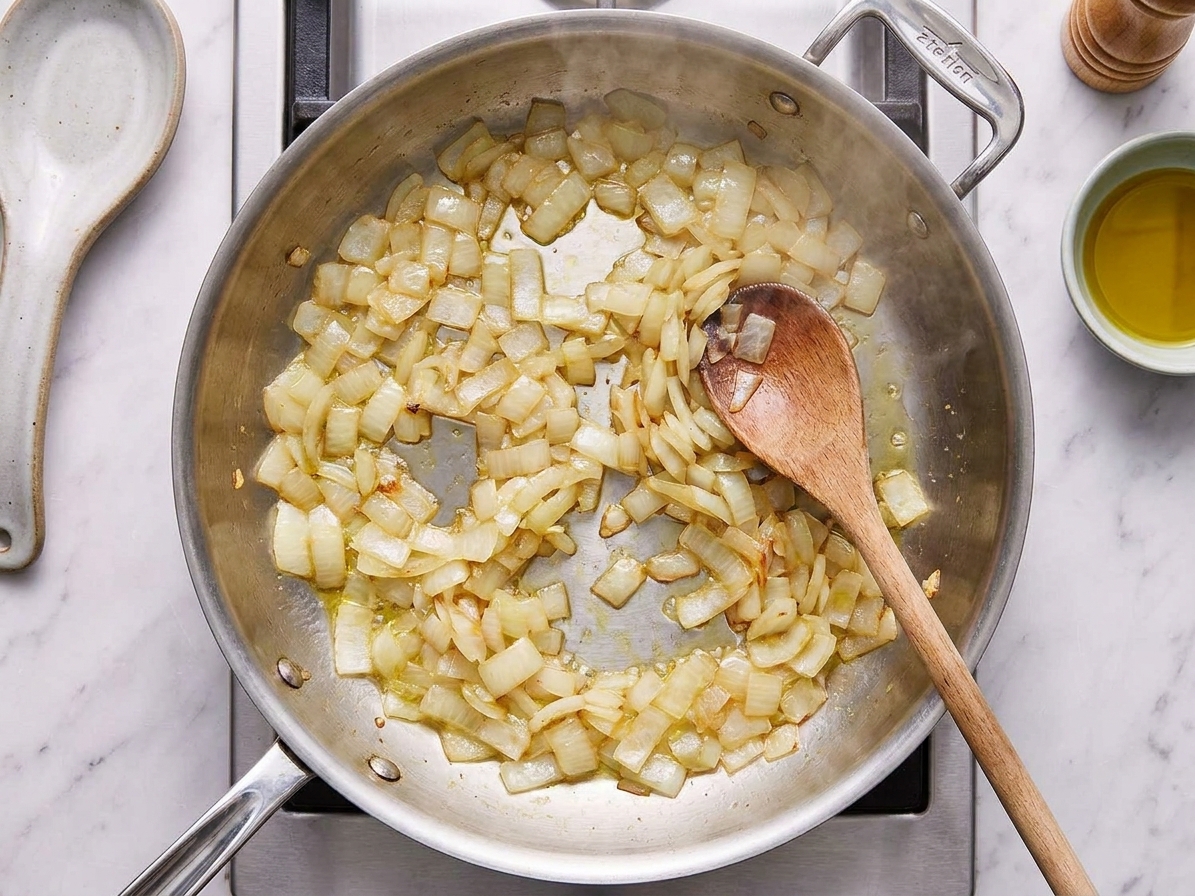 Chopped onions turning soft and translucent in a wide skillet on a stovetop