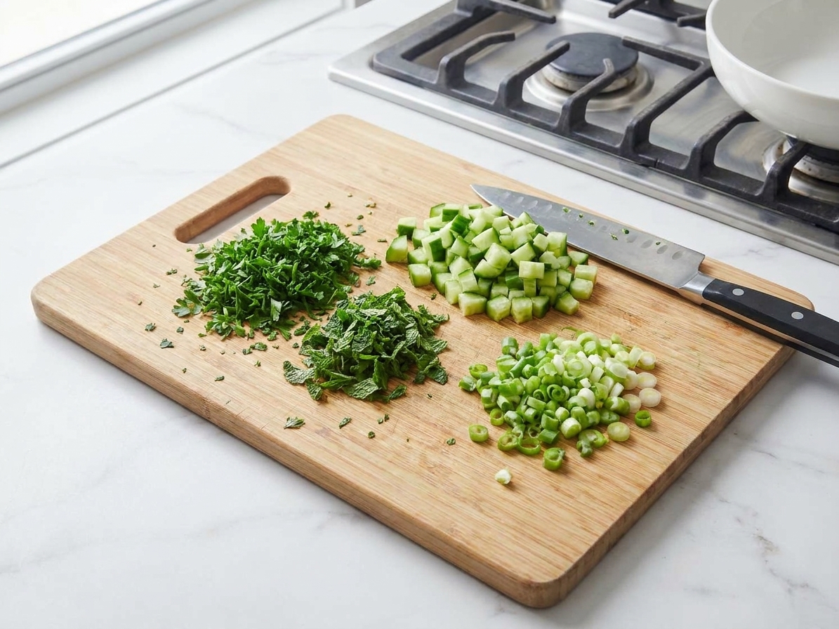 Chopped parsley and mint, diced cucumber, and sliced green onions on a cutting board with a chef's knife